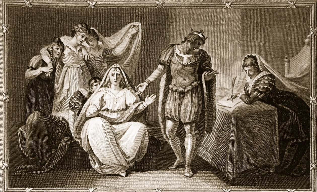 A rainha viúva colocando a si mesma e suas filhas sob a proteção de Ricardo III, ilustração de David Humes A História da Inglaterra, pub. por R. Bowyer, Londres, 1812 de English School
