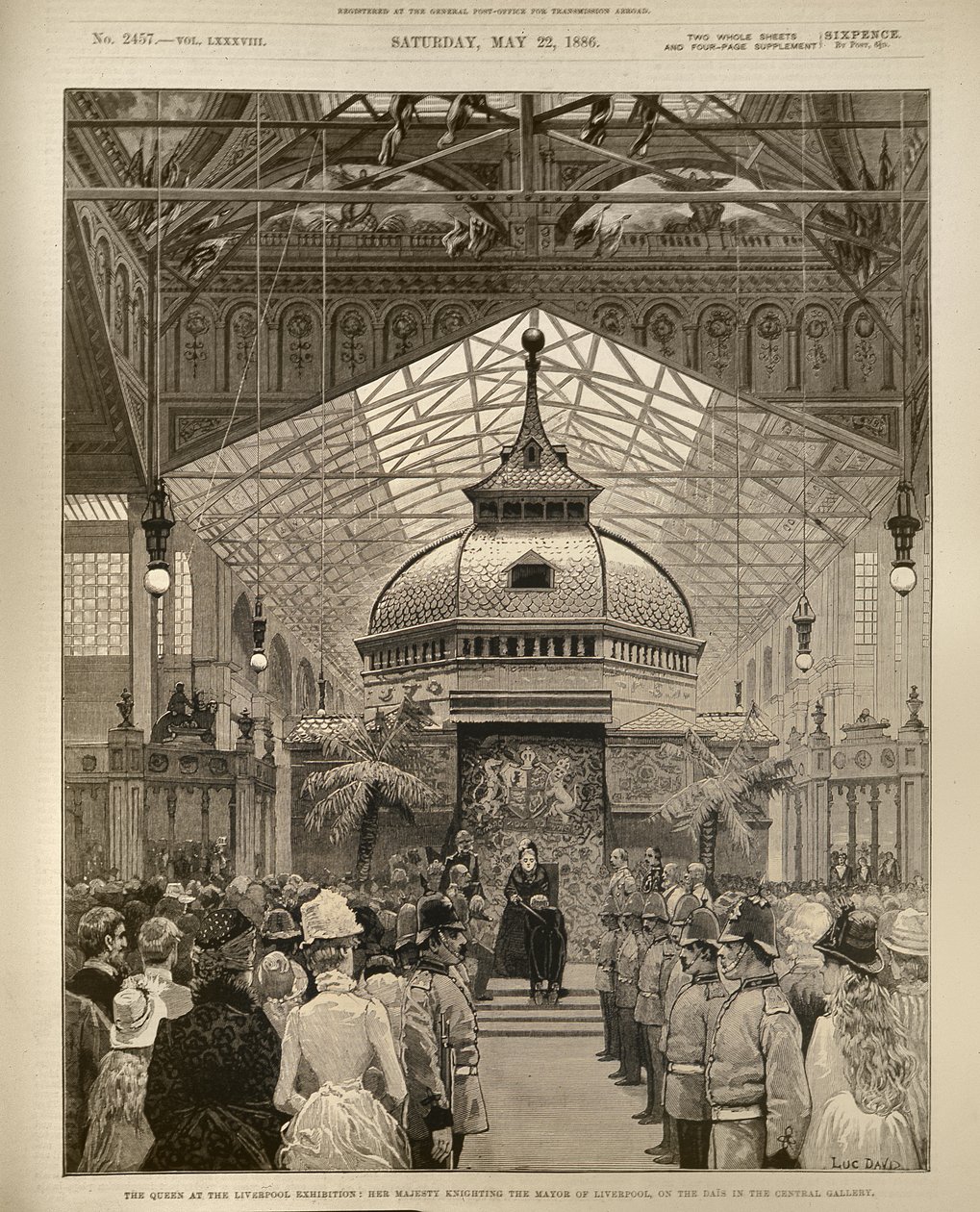 A Rainha na Exposição de Liverpool: Sua Majestade Cavaleiro do Prefeito de Liverpool na Praça da Galeria Central, de The Illustrated London News, 22 de maio de 1886 de English School