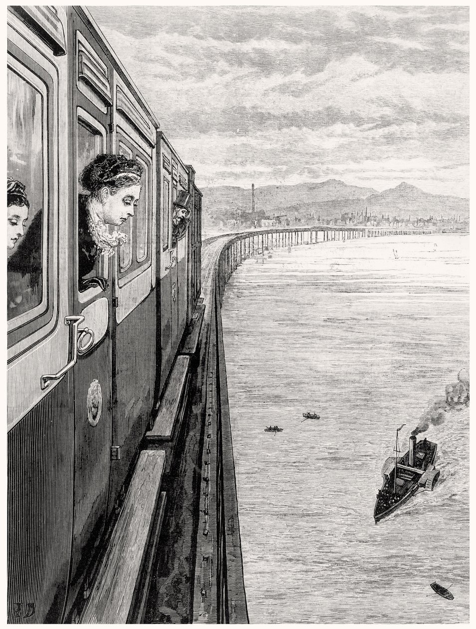 O Retorno da Rainha das Terras Altas; Sua Majestade cruzando a Ponte Tay, Dundee de English School