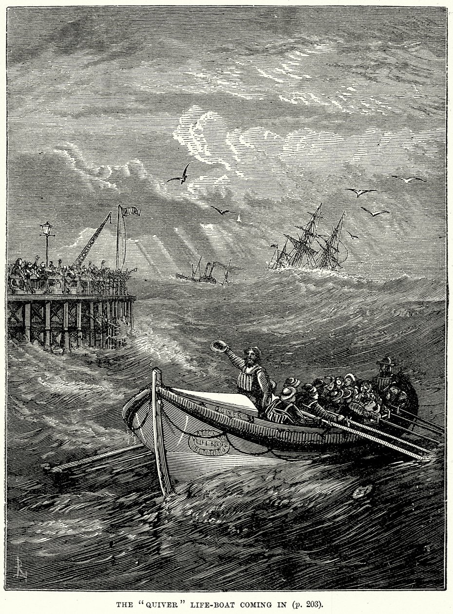 O barco salva-vidas "Quiver" a chegar (gravura) de English School