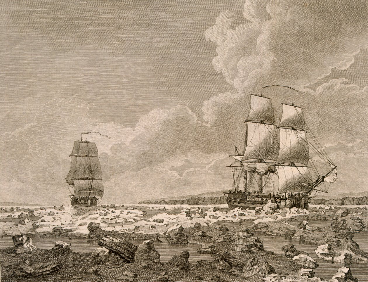 O cavalo de corrida e carcaça forçando através do gelo, 10 de agosto de 1773, de uma viagem para o Polo Norte realizado por seu comando de majestades de 1773, publicado em Londres 1774 de English School