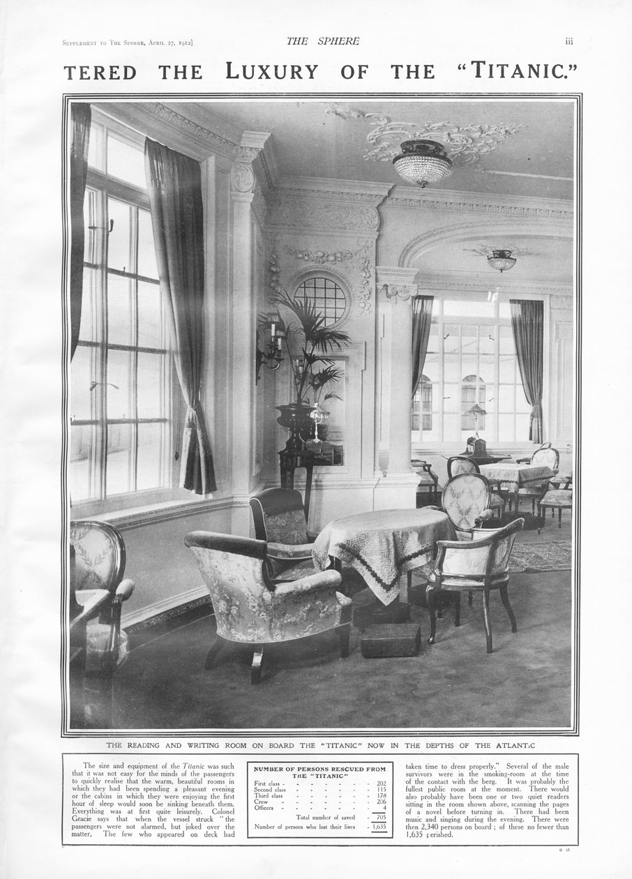 Sala de Leitura e Escrita a bordo do Titanic, da The Sphere, 27 de abril de 1912 de English School
