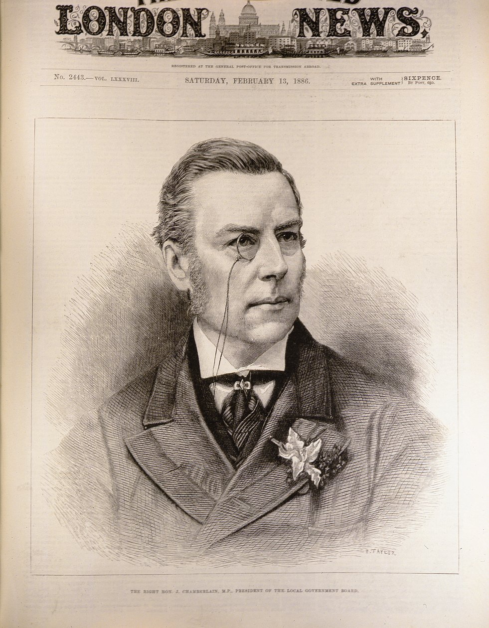 O certo Hon. Joseph Chamberlain (1836-1914), MP, Presidente do Conselho do Governo Local, de &39;The Illustrated London News&39;, 13 de fevereiro de 1886 de English School