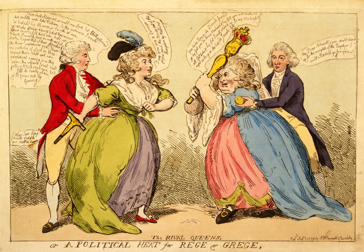 As Rainhas Rivais ou um Calor Político para Rege e Grege, 1789 (gravura colorida à mão) de English School