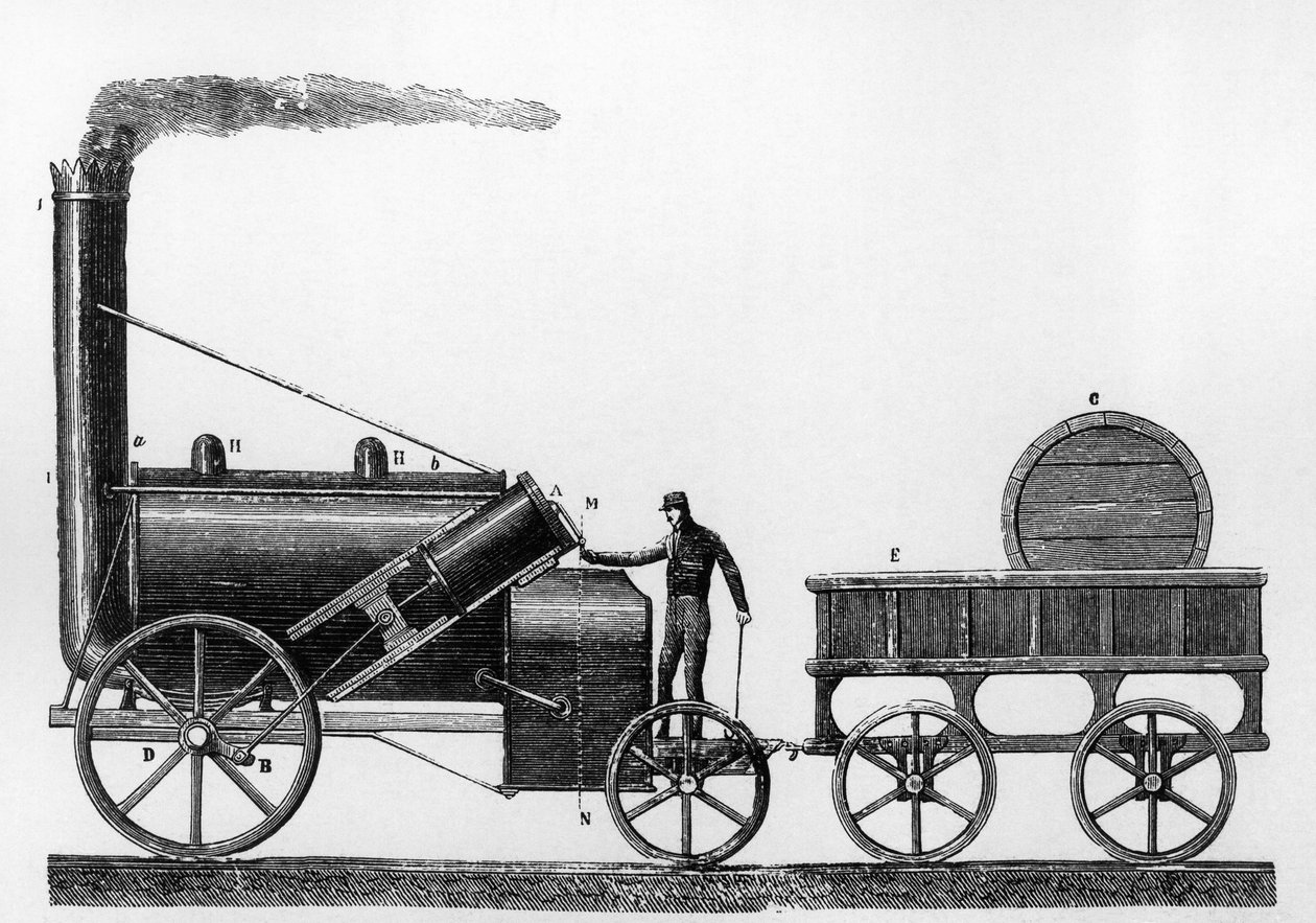 A Foguete, locomotiva a vapor concebida e construída por George e Robert Stephenson em 1829 para a ferrovia Liverpool-Manchester (gravura) de English School