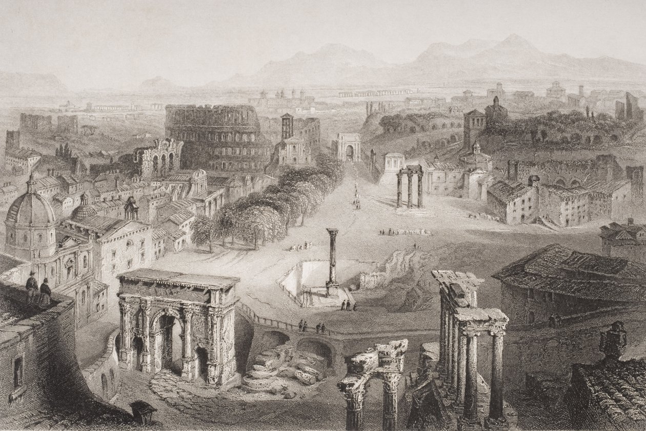 O Fórum Romano do Monte Capitolino, em Roma, gravado por A. Willmore de English School