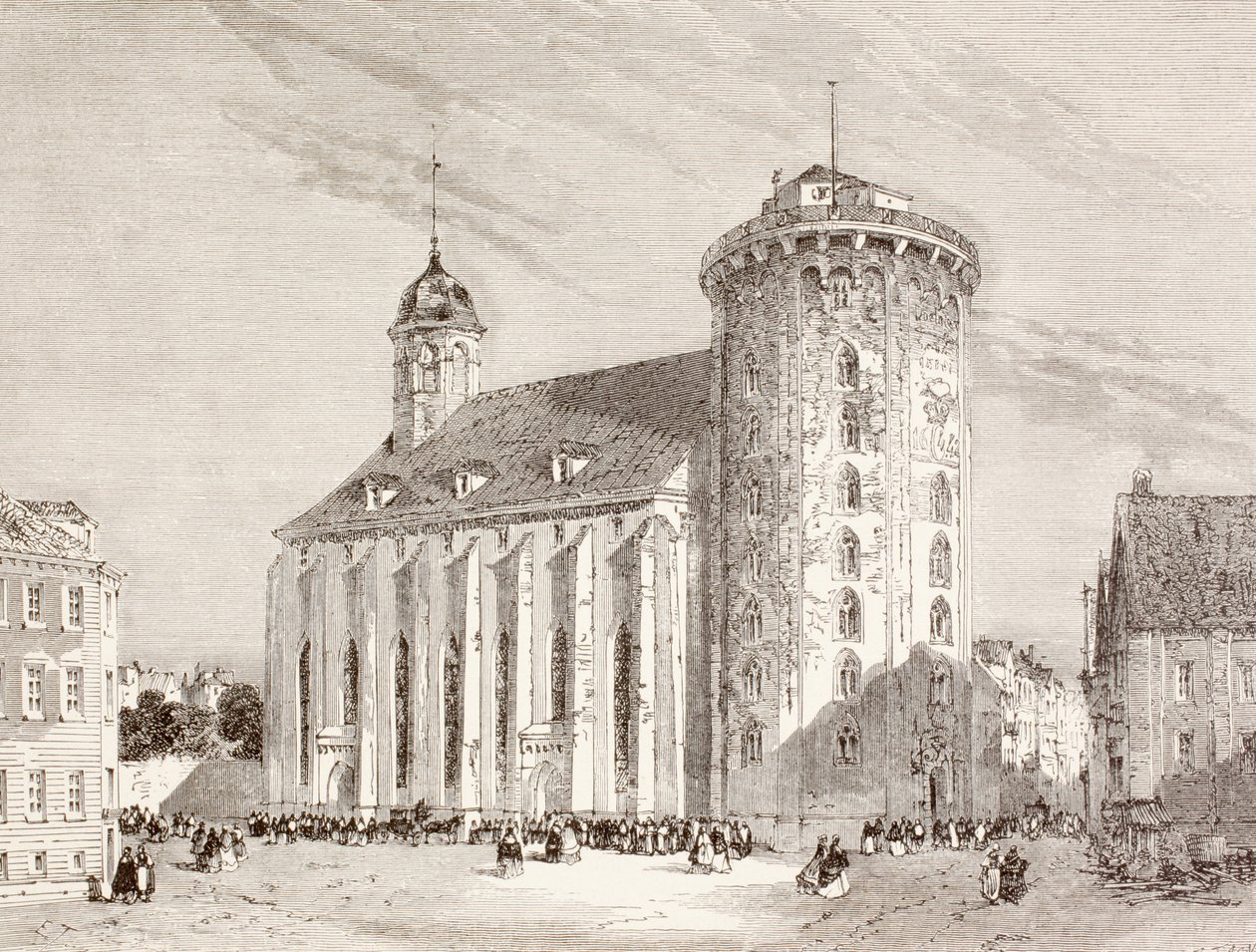 A Rundetarn ou Torre Redonda em Copenhaga, Dinamarca, no século XIX (litografia) de English School