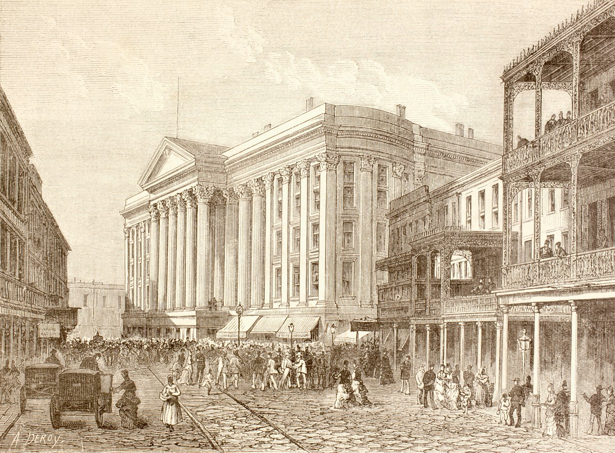 O Hotel Saint Charles em St. Charles Street, Nova Orleães, na década de 1880 (litografia) de English School