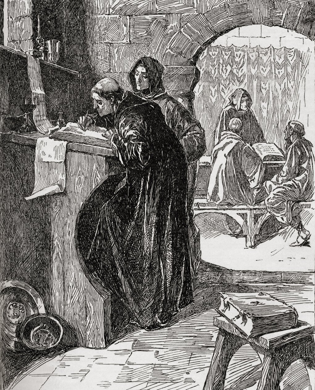 O Scriptorium de um Mosteiro, do livro A Igreja da Inglaterra: Uma História para o Povo, publicado em 1910 de English School