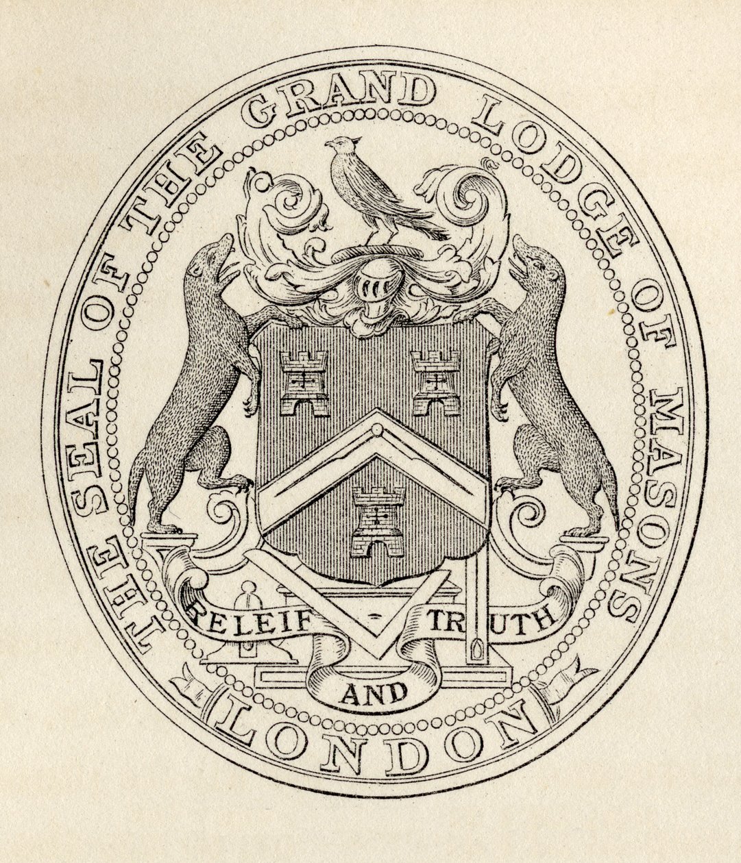 O Selo da Grande Loja dos Maçons, Londres, antes de 1813, de "A História da Maçonaria, volume II", publicado por Thomas C. Jack, Londres, 1883 de English School