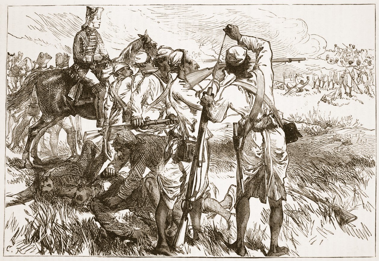Os Sepoys em Buxar, ilustração da história ilustrada de Cassells da Índia por James Grant, bar. 1879 de English School
