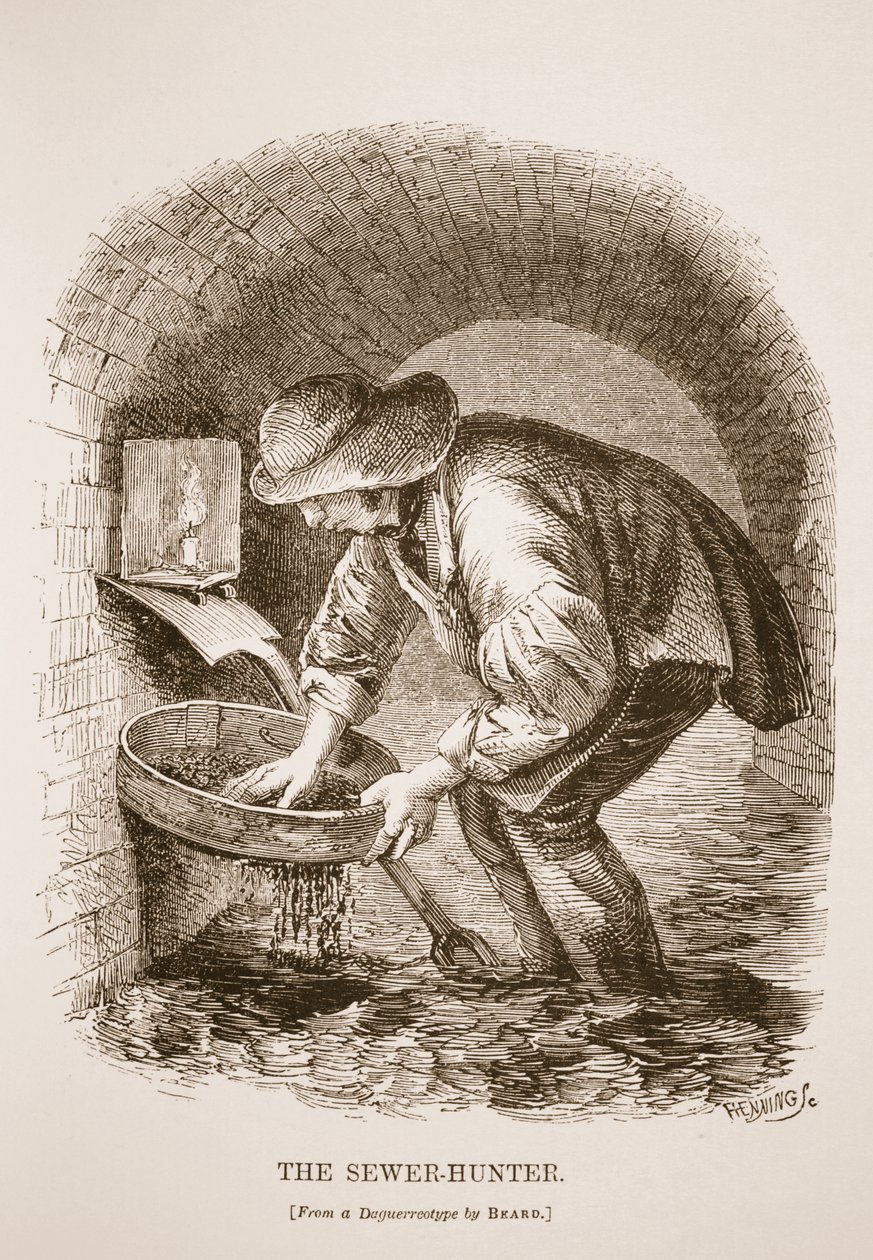 O esgoto-caçador, do daguerreotype por Richard Beard, ilustração do trabalho de Londres e Londres pobre por Henry Mayhew, bar. 1862 de English School
