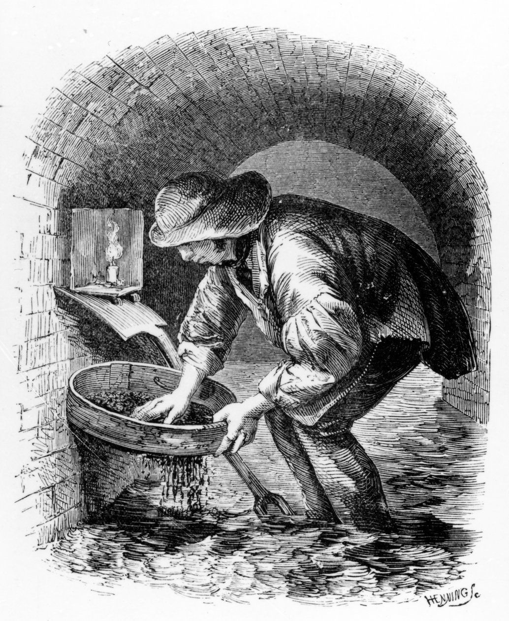 O caçador de esgoto, ilustração de &39;London Labour and the London Poor&39;, de Henry Mayhew, c.1840s de English School