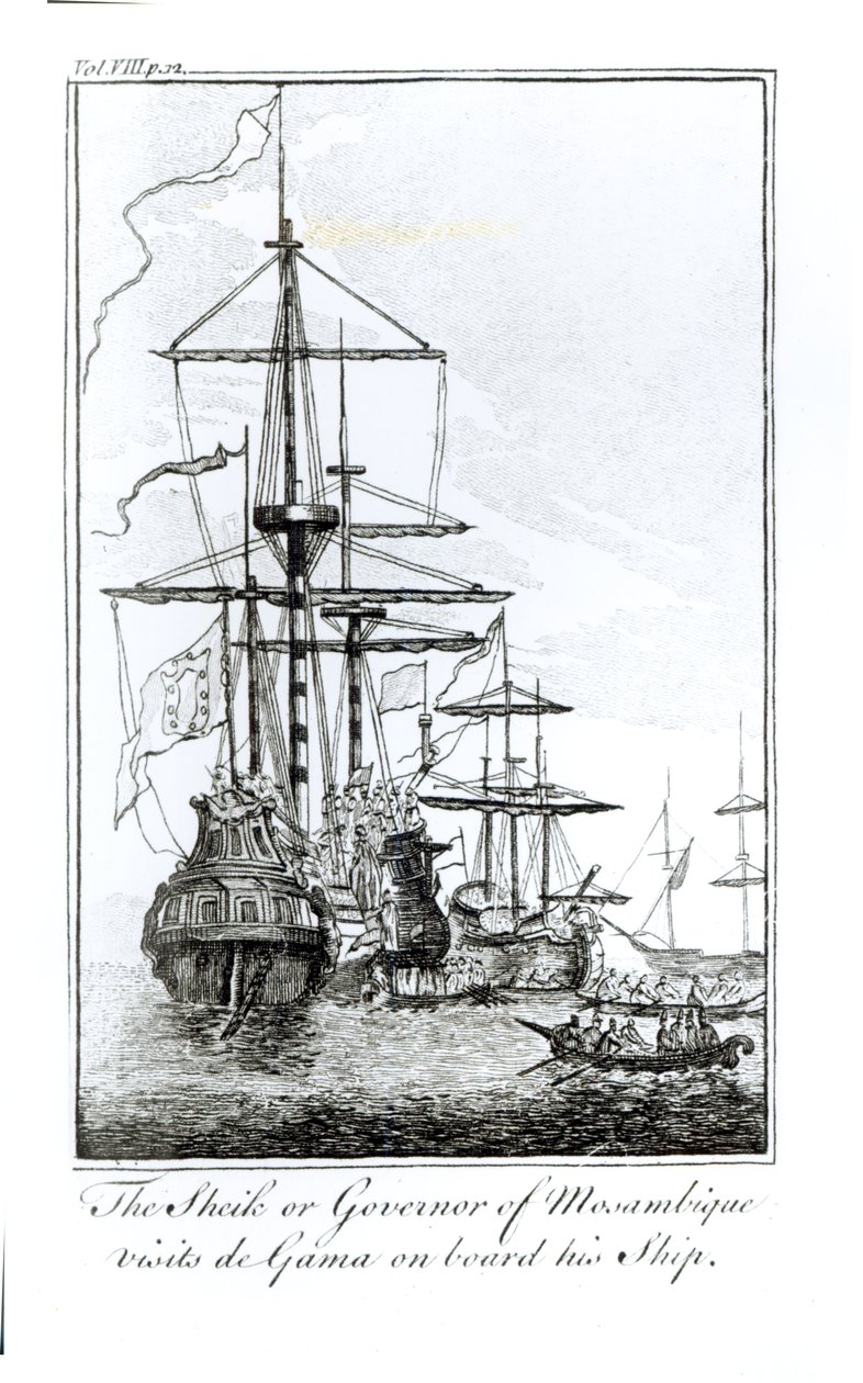 O xeque ou governador de Moçambique visita a Gama a bordo de seu navio (gravura) (foto do bundw); de English School