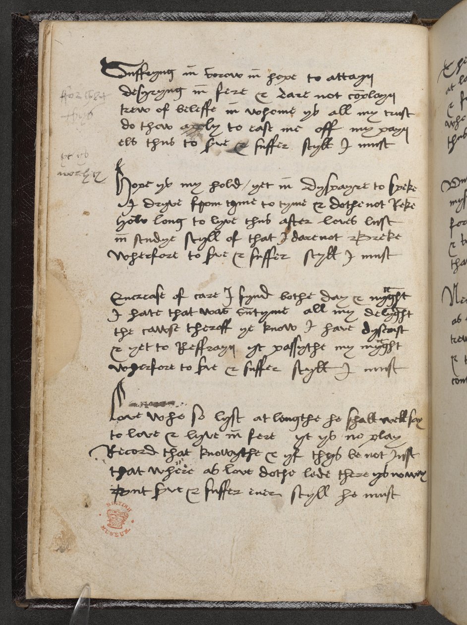 O acróstico de Sheltun, de "The Devonshire Manuscript", Add MS 17492, f.6v (caneta e tinta sobre papel) de English School