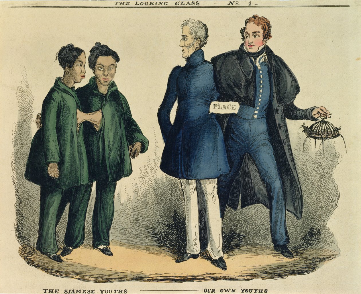 Os jovens siameses - nossos próprios jovens, desenhos animados satíricos do espelho, c.1829 (gravura colorida) de English School