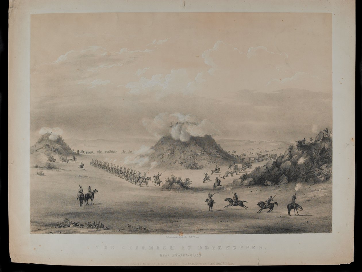 The Skirmish em Driekoppen, perto de Zwaartkopjes, 1845, gravado por Paul Gauci (1834-66), publicado em c.1845 de English School