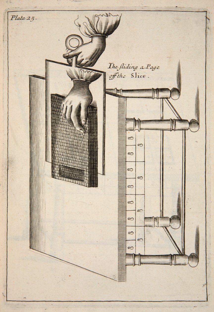 O Deslizando uma Página da Fatia, pub. gravura de 1683. de English School