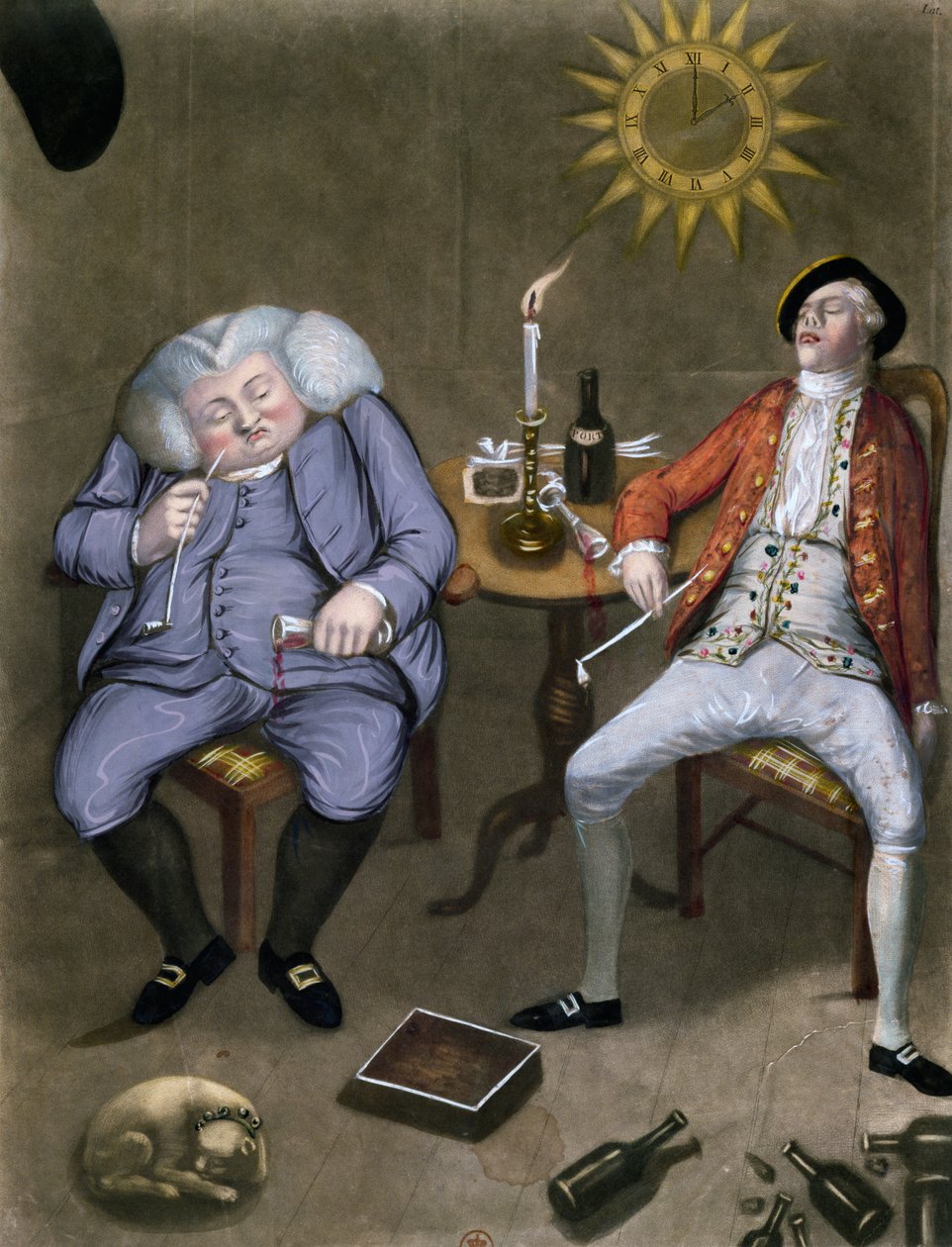 O Sólido Prazer de Garrafa e Amigo, 1774 (cor lito aumentada com guache) de English School