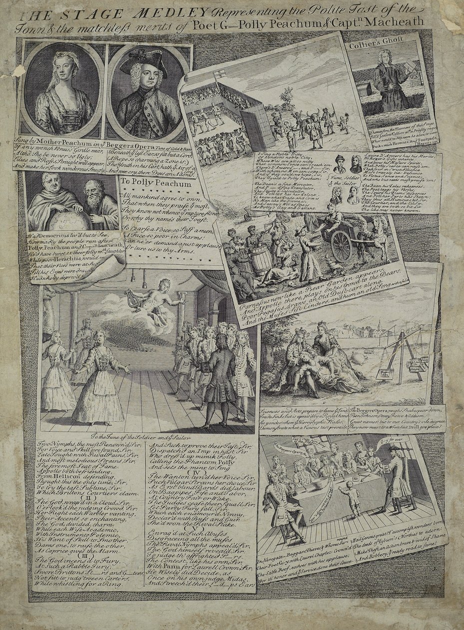 The Stage Medley representando o gosto educado da cidade e os méritos incomparáveis do poeta G., Polly Peachum e Captain Macheath, c.1728 de English School