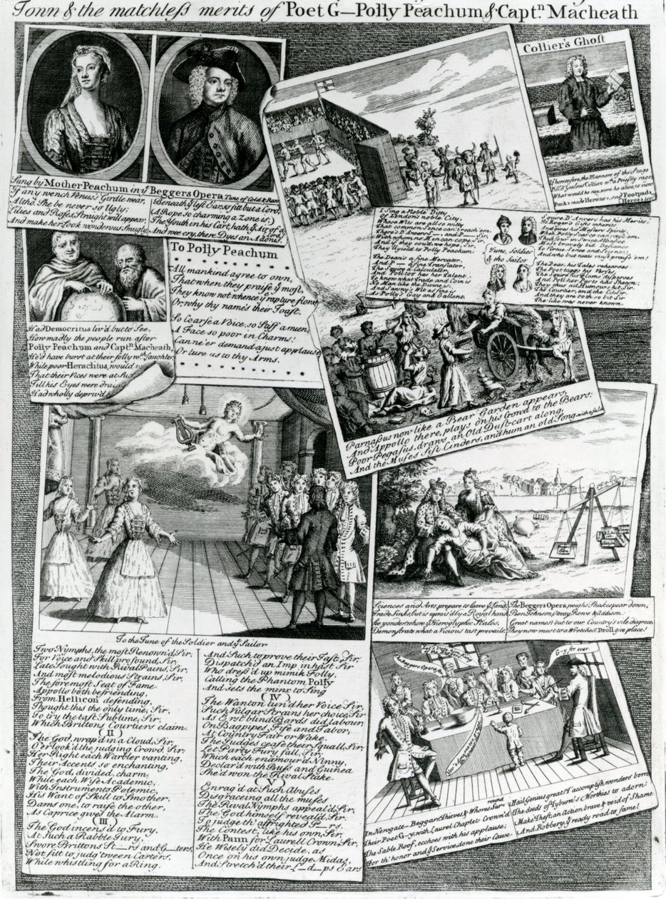 The Stage Medley representando o gosto educado da cidade e os méritos incomparáveis do poeta G., Polly Peachum e Captain Macheath, c.1728 de English School