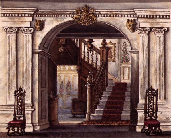A Escadaria na Casa Pública do Braço do Rei em Lancaster, c.1830 (aguarela sobre papel) de English School