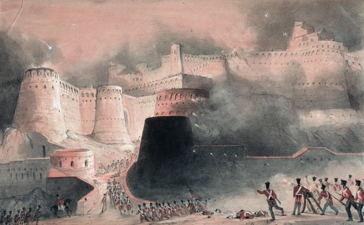 O ataque do Portão de Cabul em 1839 (wc e lápis sobre papel) de English School