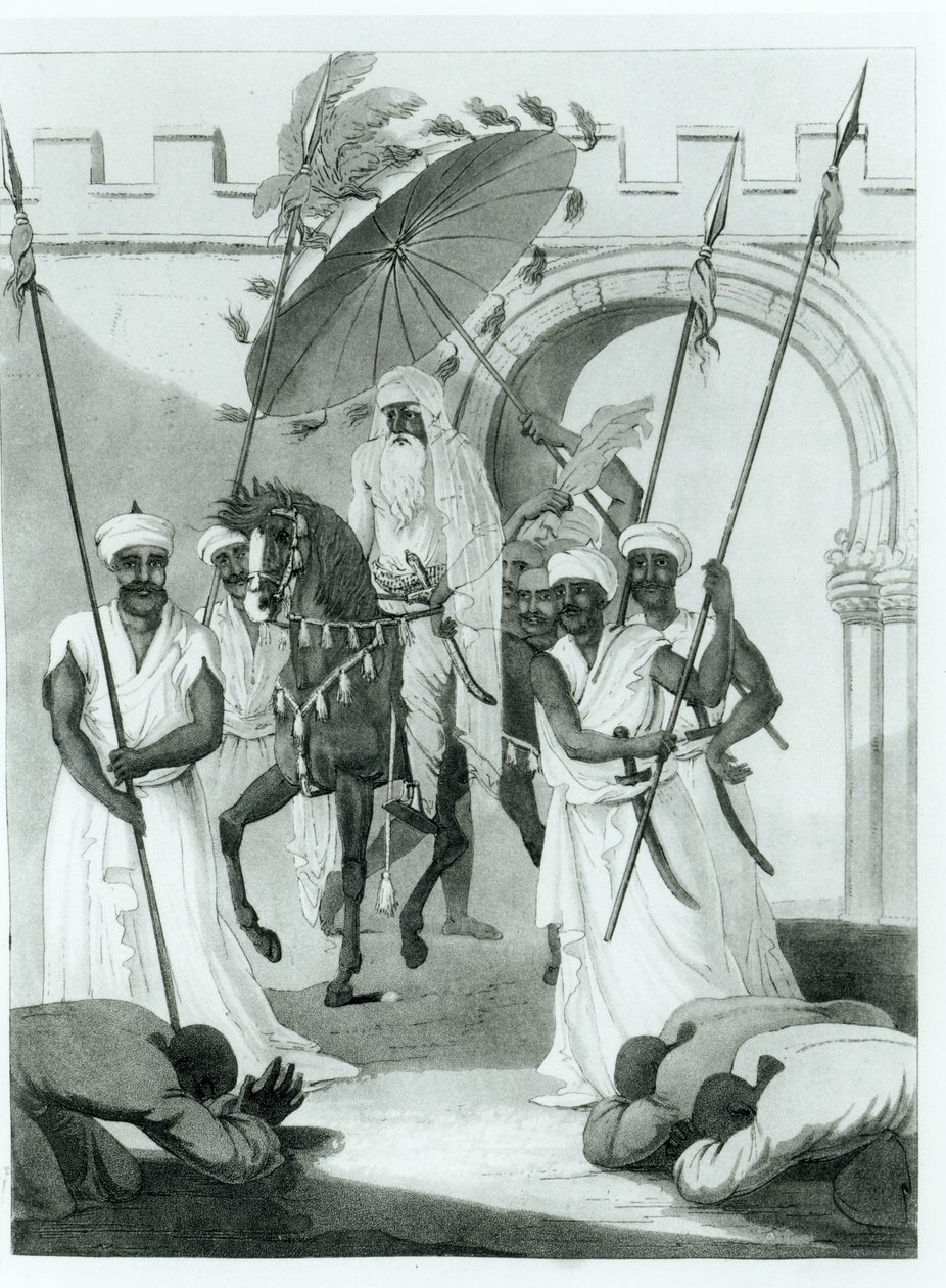 O Sultão do Marrocos saindo para dar Audiência, de viagens pela França e Espanha para o Marrocos por Maurice Keatinge, publicado em 1817 de English School