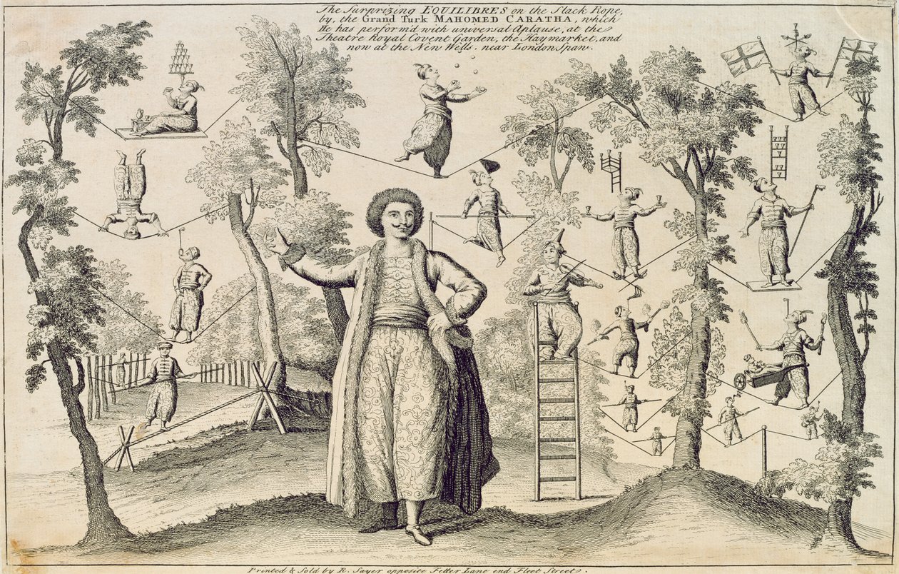 O Equilíbrio Surpreendente na Corda Preta do Grand Turk, Mahomed Caratha, impresso por Robert Sayer (fl.1750-80) de English School