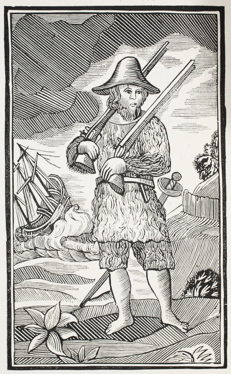 A vida surpreendente e as aventuras as mais estranhas de Robinson Crusoe da cidade de York, navegador, ilustração dos Chapu-livros do século XVIII por John Ashton, bar. 1882 de English School
