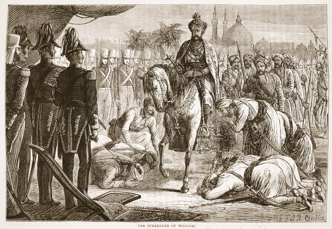 A rendição de Moolraj, ilustração de Cassells Illustrated History of England de English School