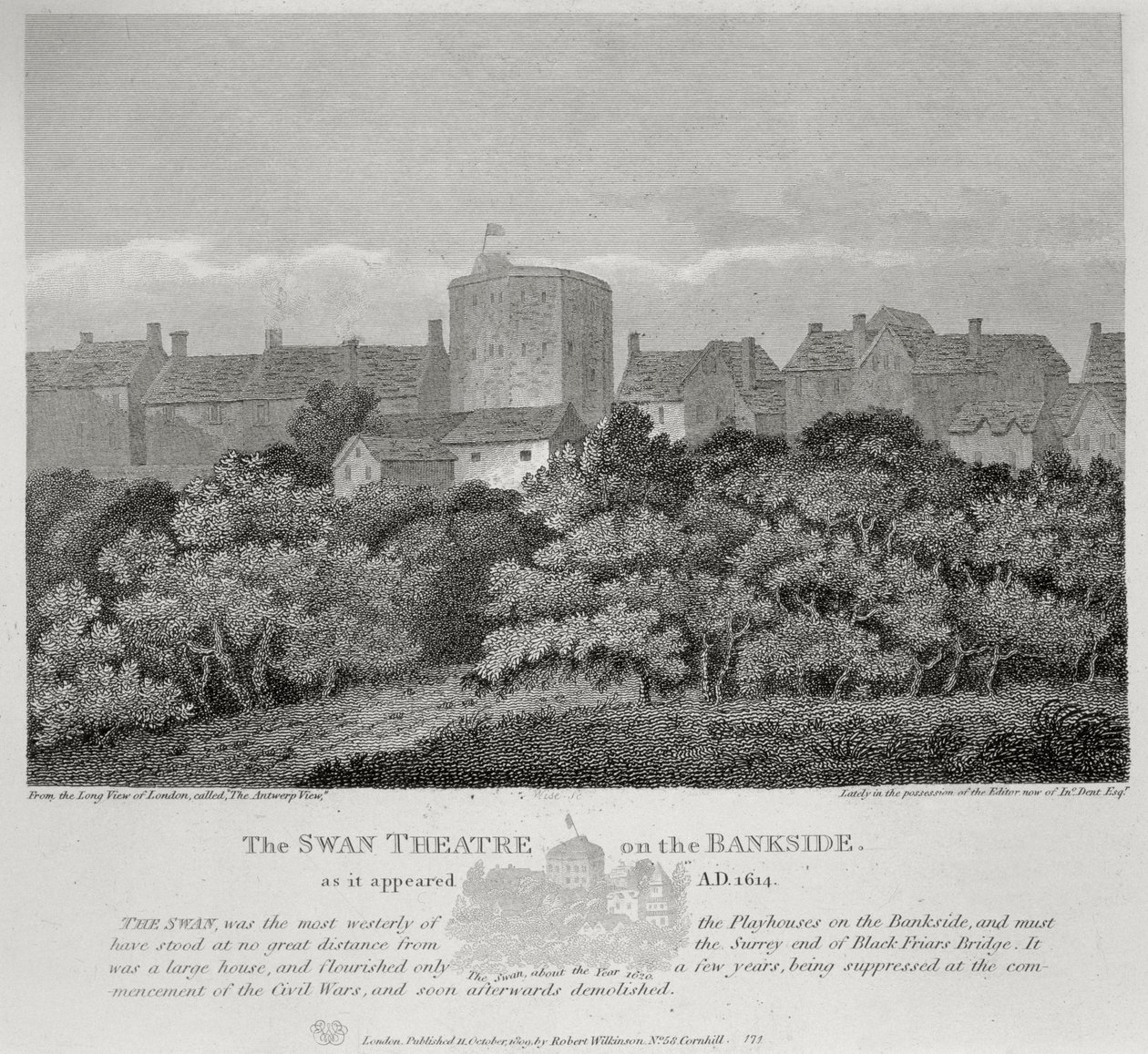 O Swan Theatre no Bankside como apareceu em 1614, publicado em 1809 de English School