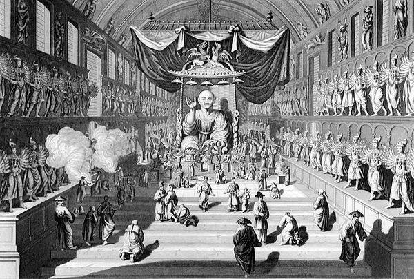 O Templo dos Dez Mil Ídolos no Japão, gravado por A. Thorn, de "World Religion", publicado por A. Fullarton & Co de English School