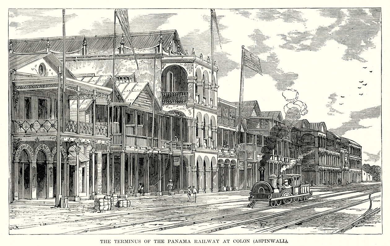 O terminal do caminho de ferro do Panamá em Colon (Aspinwall) (gravura) de English School
