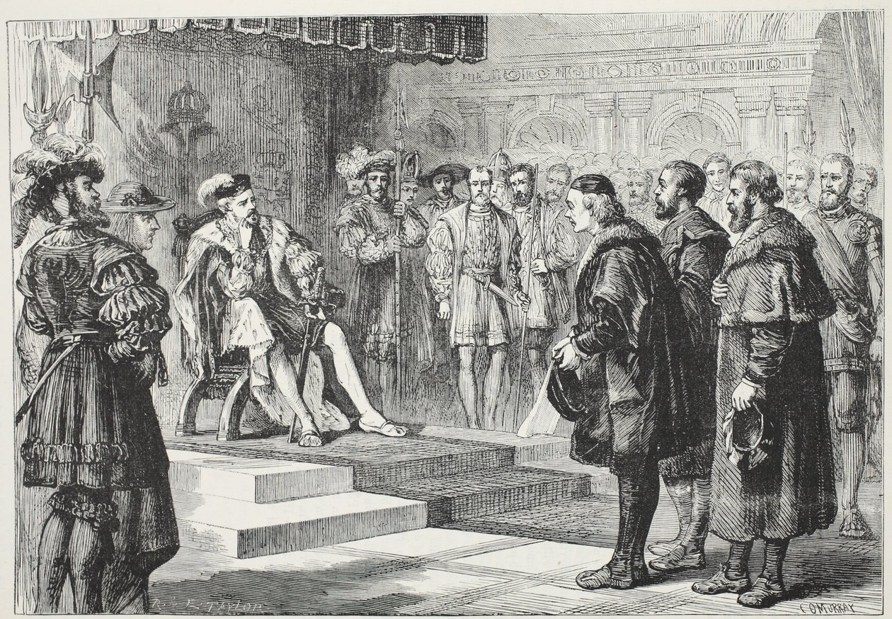 Os três embaixadores protestantes antes do imperador Charles, ilustração da história do protestantismo por James Aitken Wylie (1808-1890), bar. 1878 de English School