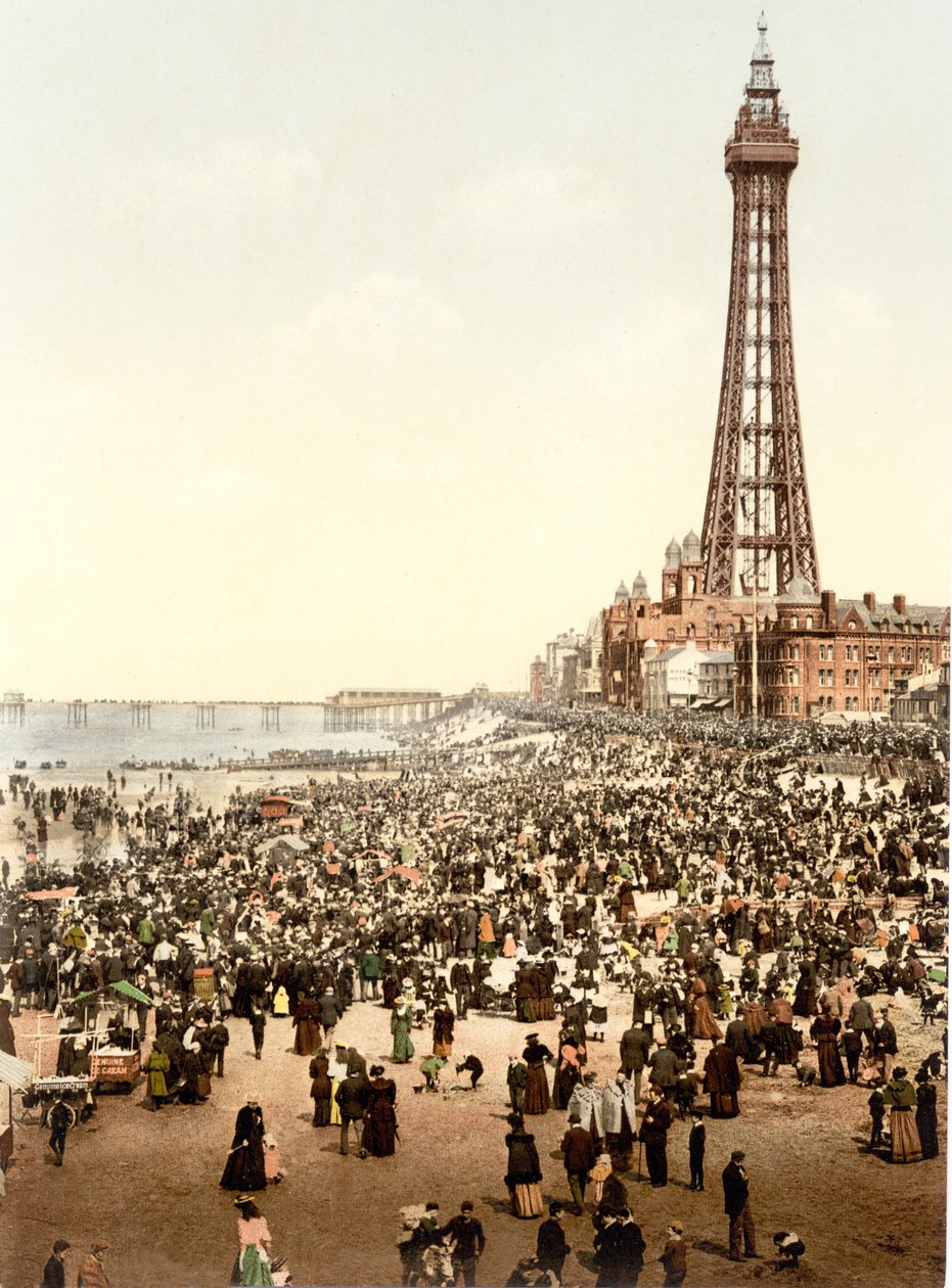 A torre e a praia, Blackpool (foto colorida à mão) de English School