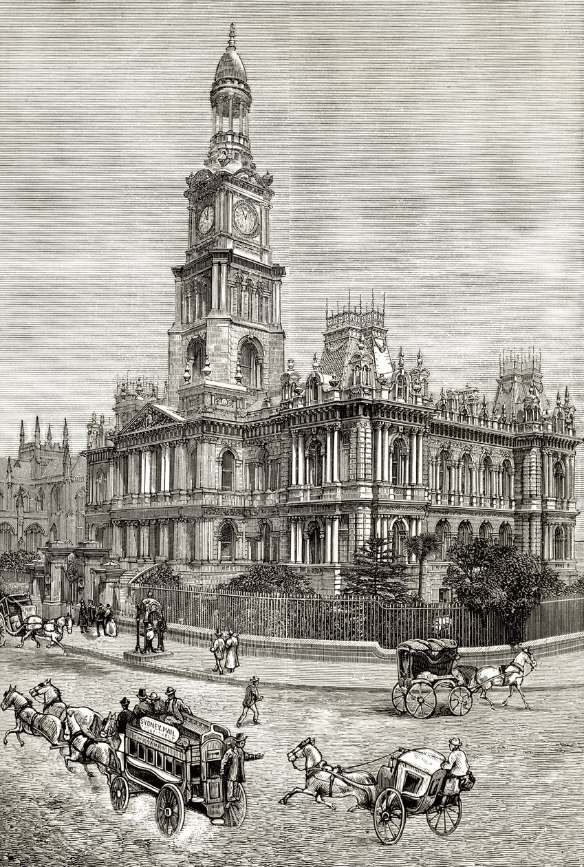 The Town Hall, Sidney, c.1880, de &39;Australian Pictures&39;, de Howard Willoughby, publicado pela Religious Tract Society, Londres, 1886 de English School