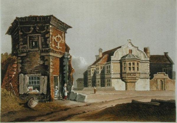 A Casa do Tratado, Uxbridge, do "Repositório de Artes" de Ackermann, publicado no início do século XIX (cor litho) de English School