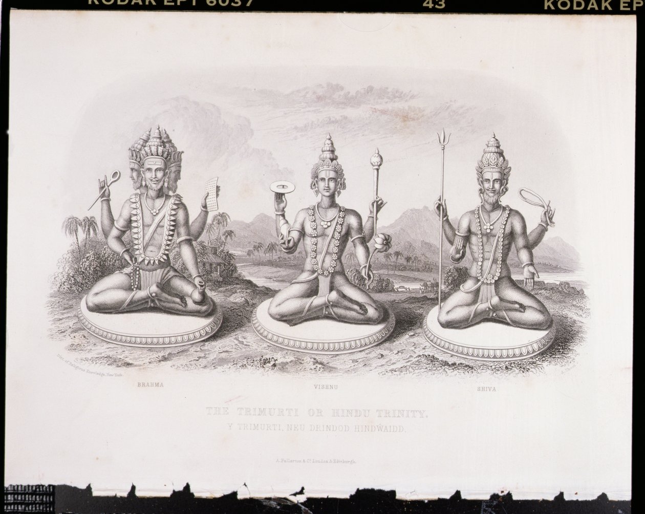 Trimurti ou Trindade Hindu, gravada por A. Thorn, de World Religion, publicado por A. Fullarton & Co. de English School
