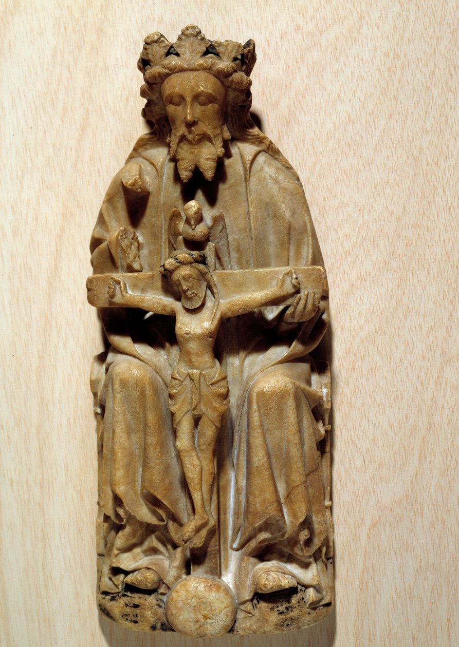 O Deus Trindade tentou o seu filho Jesus na cruz. Escultura em albatroz da Escola de Inglês. Paris do século XV, Museu Nacional da Idade Média, Termas de Cluny de English School