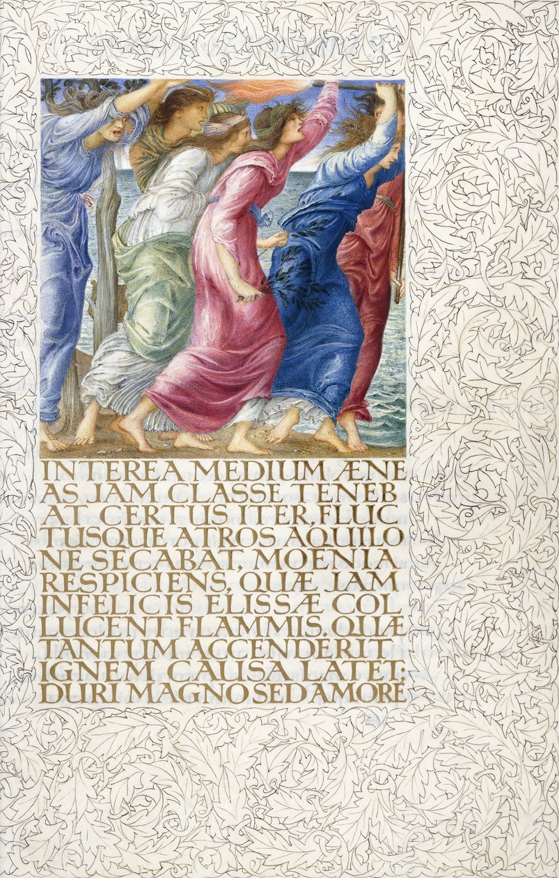 Os cavalos de Tróia avistam a pira funerária de Dido, 1874-c.1919 de English School