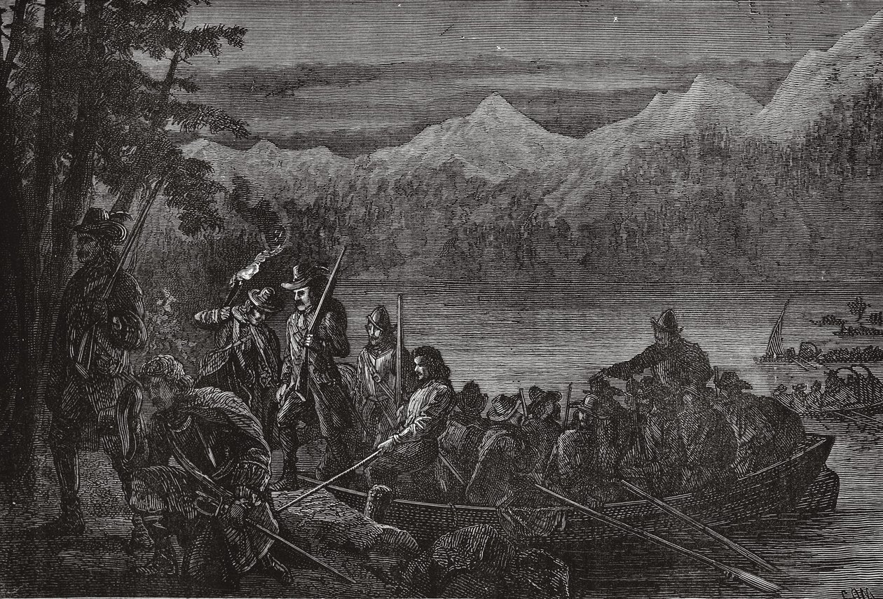Os valdenses que cruzam o lago Leman em a noite, ilustração da história do protestantismo por James Aitken Wylie (1808-1890), bar. 1878 de English School