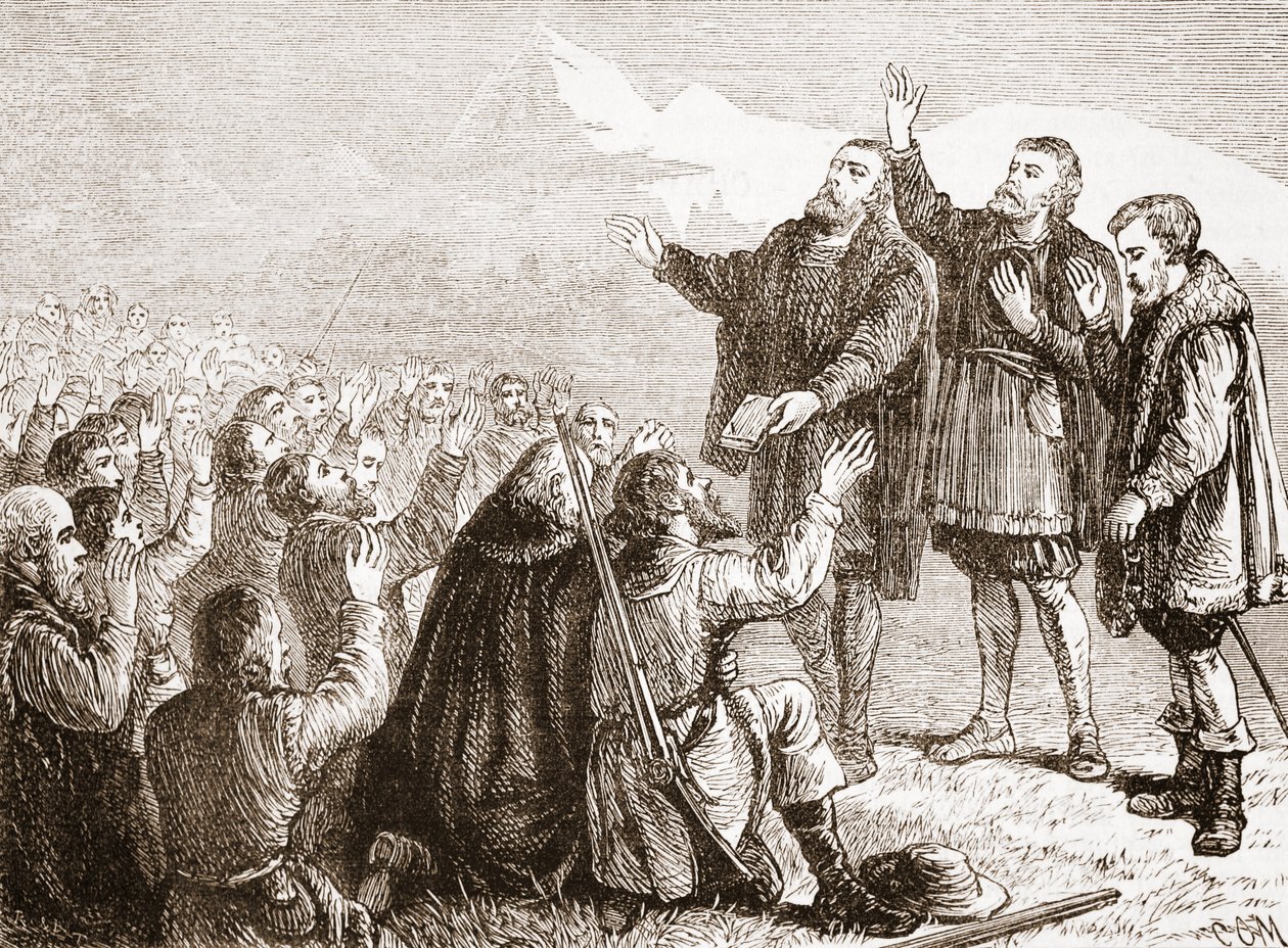 Os valdenses fazendo seu juramento, ilustração de The History of Protestantism, de James Aitken Wylie (1808-1890), pub. 1878 de English School