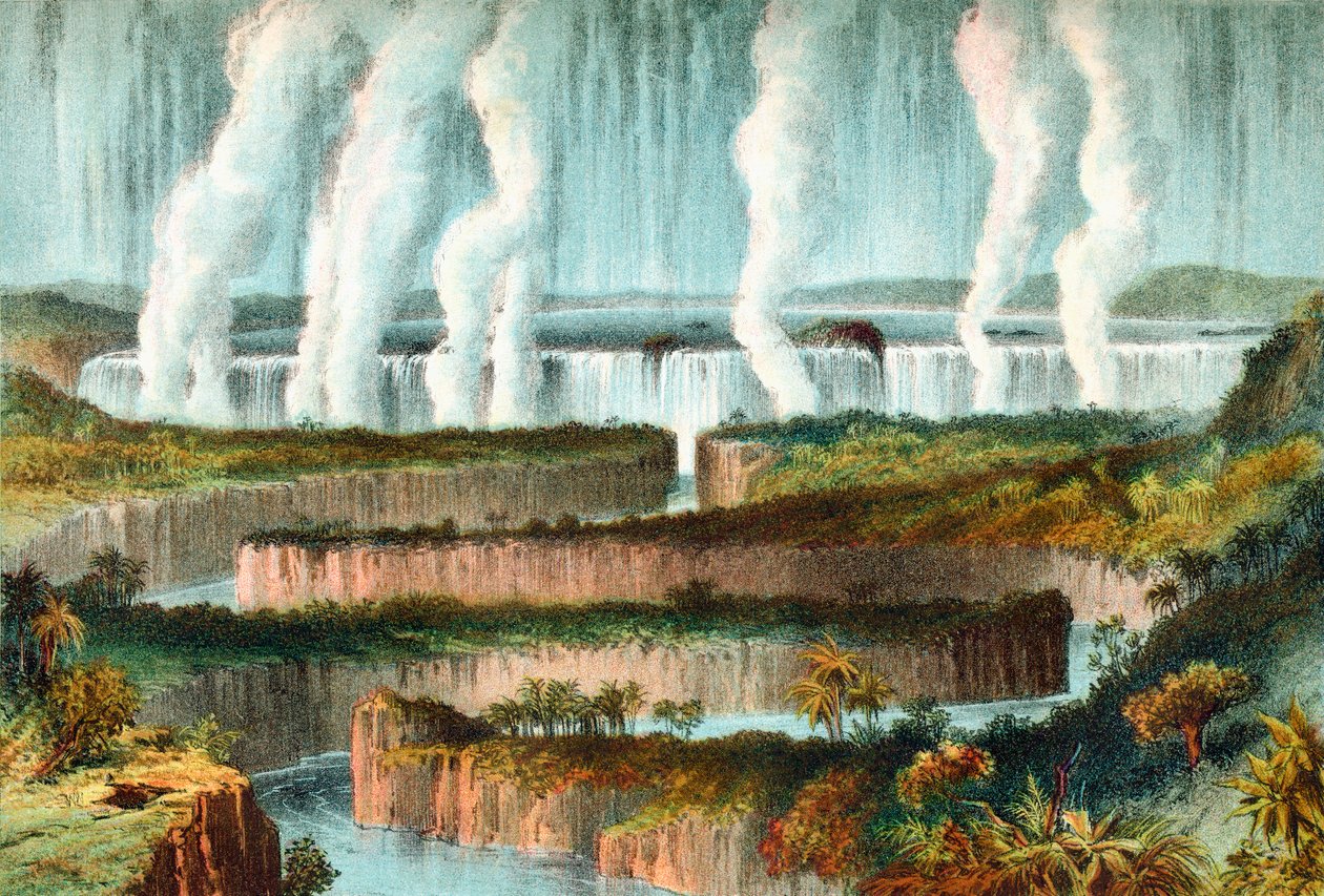 As Cataratas Vitória ou Mosi-oa-Tunya, Rio Zambeze, Zimbabué, África Austral no século XIX. De The Life and Explorations of Dr. Livingstone publicado c.1875. de English School