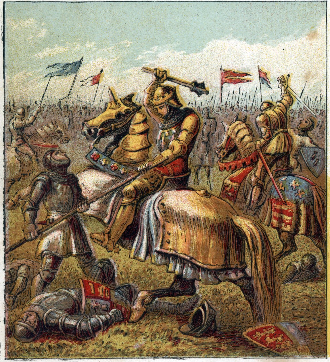 A Guerra das Duas Rosas (1455-1485): Batalha entre a Casa Real de York e o Maçon Real de Lancaster. Ilustração da Guerra Civil inglesa nascida da divisão dos sucessores do Rei Eduardo III (1327-1377) em dois ramos. A Guerra do Ros de English School