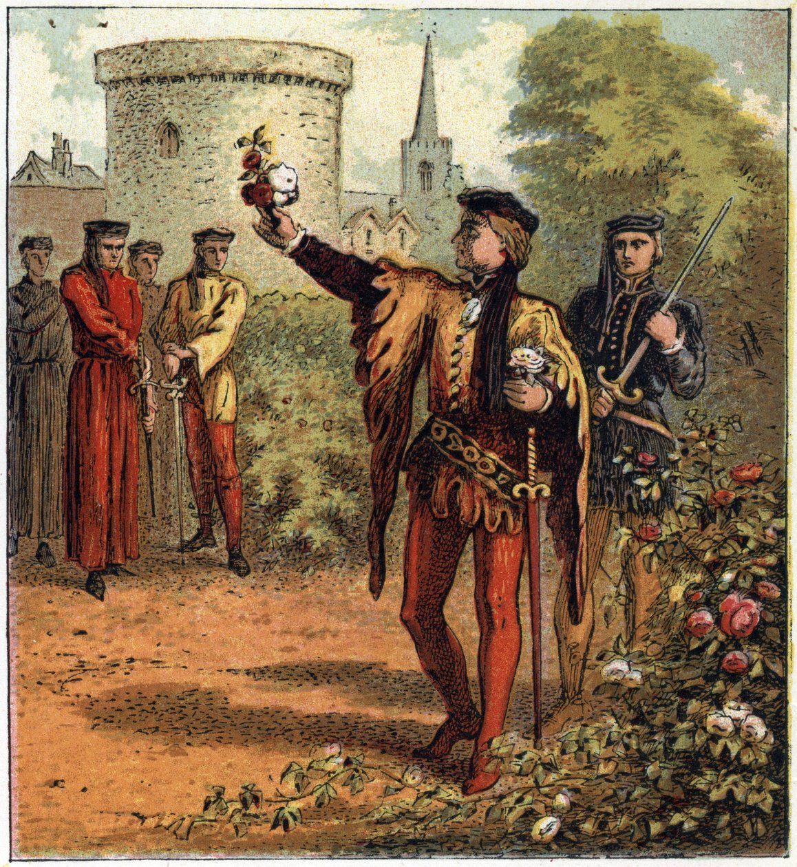 A Guerra das Duas Rosas (1455-1485): o início do conflito. Um Senhor da Casa Real de York escolhe uma rosa branca e outro da Casa Real de Lancaster escolhe uma rosa vermelha. Ilustração da Guerra Civil Inglesa, nascida da divisão do su de English School