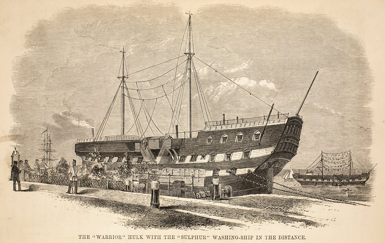 O casco do guerreiro com o lavagem-navio do enxofre na distância, a ilustração das prisões criminosas de Londres e as cenas da vida da prisão por Henry Mayhew e por John Binny, bar. 1862 de English School