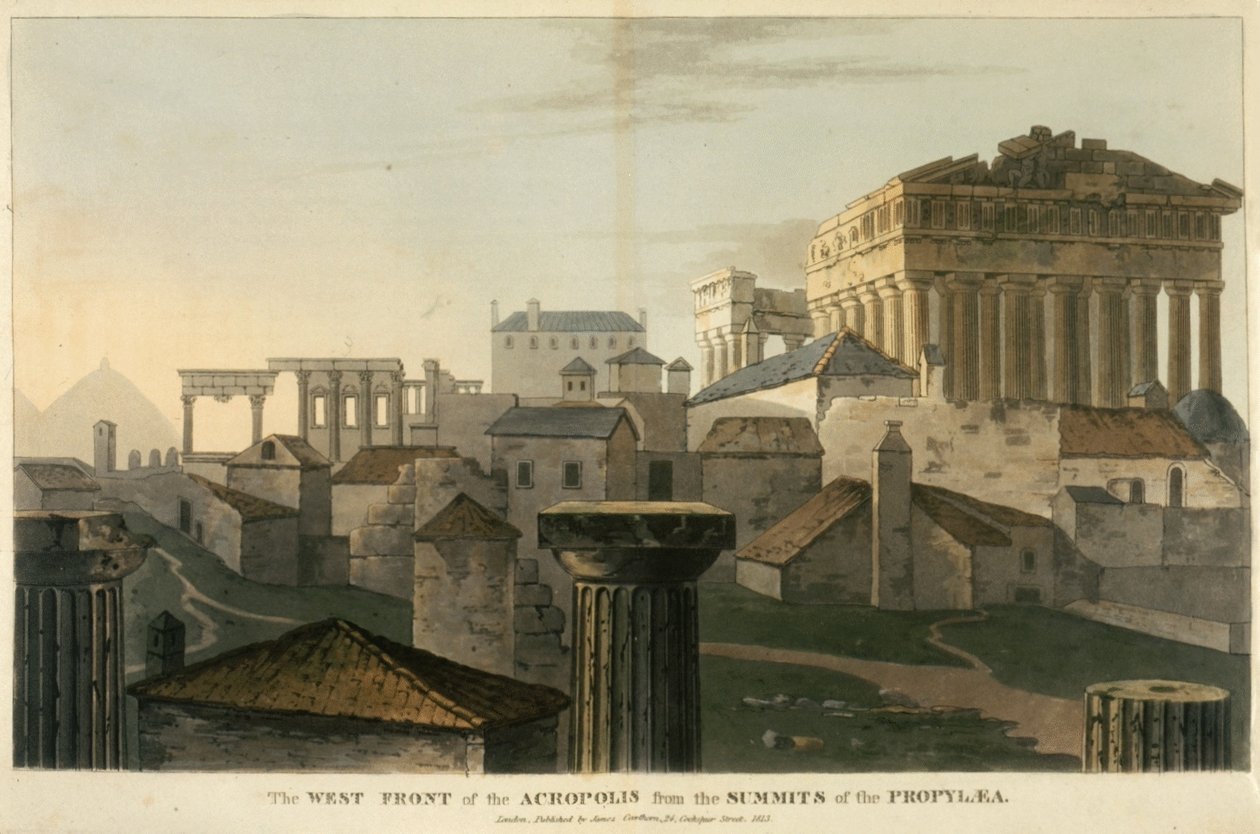 A frente ocidental da Acrópole a partir dos cumes da Propileia, ilustração de "A journey through Albania, and other provinces...to Constantinople, during the years 1809-1810" de J.C. Hobhouse de English School