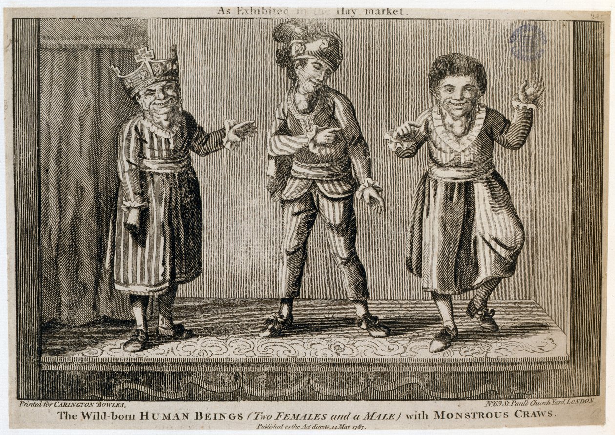 Os Seres Humanos Nascidos (Duas Fêmeas e um Macho) com Monstruoso Craws, como Exibido no Haymarket, imprimiram para Carington Bowles, 1787 de English School