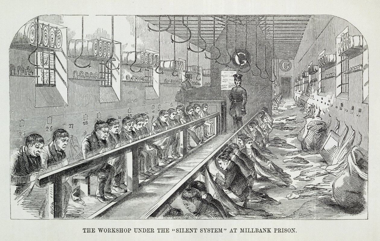 O Workshop do Sistema Silencioso da Prisão Millbank, de The Criminal Prison of London e Scenes of Prison Life por Henry Mayhew (1812-1887) e John Binny, 1862 de English School
